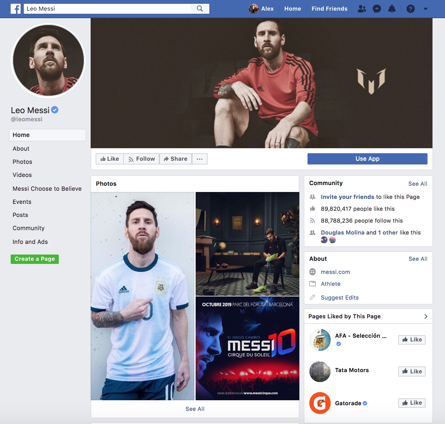 Facebook profile for Leo Messi (2019)